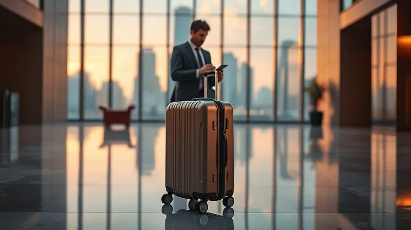 Photorealistic, professional photography, 8K, cinematic lighting, sharp focus, depth of field, shot on a high-end DSLR. A sleek, modern carry-on suitcase stands ready at a hotel lobby, with a travel-savvy professional checking their phone for flight details in the background. The scene conveys efficiency and preparedness, with a blurred cityscape visible through large windows, symbolizing seamless urban travel. Photorealistic, professional photography, 8K, cinematic lighting, sharp focus, depth of field, shot on a high-end DSLR. A sleek, modern carry-on suitcase stands ready at a hotel lobby, with a travel-savvy professional checking their phone for flight details in the background. The scene conveys efficiency and preparedness, with a blurred cityscape visible through large windows, symbolizing seamless urban travel.