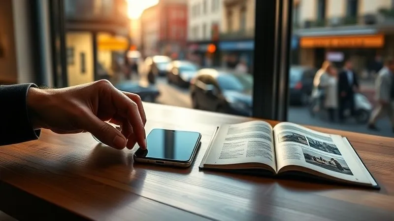 Photorealistic, professional photography, 8K, cinematic lighting, sharp focus, depth of field, shot on a high-end DSLR. A professional's hand gently places a smartphone face down on a wooden table beside a steaming cup of coffee and a travel journal. In the background, a vibrant, sunlit city street is visible through a window, blurred with depth of field, symbolizing intentional disconnection to embrace the immediate environment. Photorealistic, professional photography, 8K, cinematic lighting, sharp focus, depth of field, shot on a high-end DSLR. A professional's hand gently places a smartphone face down on a wooden table beside a steaming cup of coffee and a travel journal. In the background, a vibrant, sunlit city street is visible through a window, blurred with depth of field, symbolizing intentional disconnection to embrace the immediate environment.