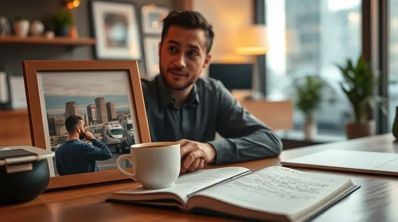 Photorealistic, professional photography, 8K, cinematic lighting, sharp focus, depth of field, shot on a high-end DSLR. A professional, looking calm and content, sits at a desk with a warm drink, looking at a framed photo from their recent city break. A journal is open beside them, with thoughtful notes. The office background is softly blurred, indicating a gentle transition back to work, carrying the positive energy of the trip. Photorealistic, professional photography, 8K, cinematic lighting, sharp focus, depth of field, shot on a high-end DSLR. A professional, looking calm and content, sits at a desk with a warm drink, looking at a framed photo from their recent city break. A journal is open beside them, with thoughtful notes. The office background is softly blurred, indicating a gentle transition back to work, carrying the positive energy of the trip.