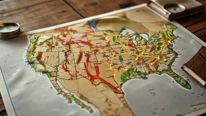 Photorealistic, professional photography, 8K, cinematic lighting, sharp focus, depth of field, shot on a high-end DSLR. An intricate, colorful map of the Western United States, with several distinct, highlighted loops connecting national parks. Digital lines representing efficient travel routes, overlaid with small icons of national park landmarks. The map is spread on a rustic wooden table next to a compass and a well-worn travel journal, bathed in warm, directional light.