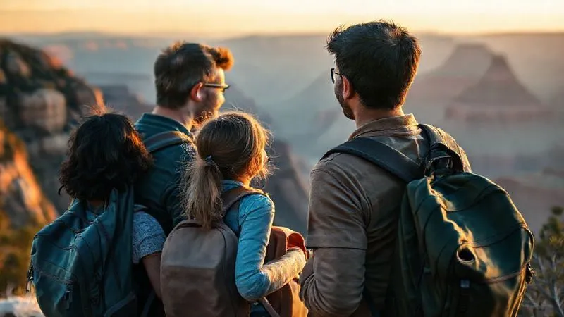 Photorealistic, professional photography, 8K, cinematic lighting, sharp focus, depth of field, shot on a high-end DSLR. A diverse family (parents, two children) at a scenic national park overlook at dawn, looking out at a stunning landscape. They are smiling, with backpacks, embodying a well-planned, energetic start to a day of adventure. The lighting is soft and golden, emphasizing the early morning serenity.
