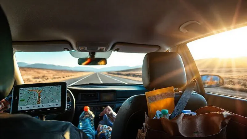 Photorealistic, professional photography, 8K, cinematic lighting, sharp focus, depth of field, shot on a high-end DSLR. The interior of a modern, well-equipped road trip vehicle, seen from the driver's perspective. A GPS device shows a detailed map with a route highlighted. Snacks, water bottles, and a travel guide are neatly organized in the passenger seat. Sunlight streams through the windshield, revealing a scenic, open road ahead, conveying a sense of preparedness and smooth travel.