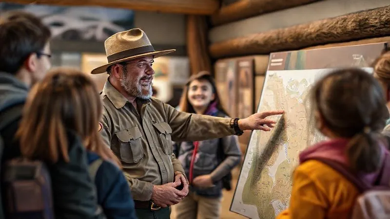 Photorealistic, professional photography, 8K, cinematic lighting, sharp focus, depth of field, shot on a high-end DSLR. A knowledgeable park ranger, wearing a uniform and hat, engaging enthusiastically with a small group of visitors (diverse ages) at a national park visitor center. The ranger is pointing to a large, detailed topographical map or an interpretive display, sharing insights with a friendly, approachable demeanor. The background shows educational exhibits.