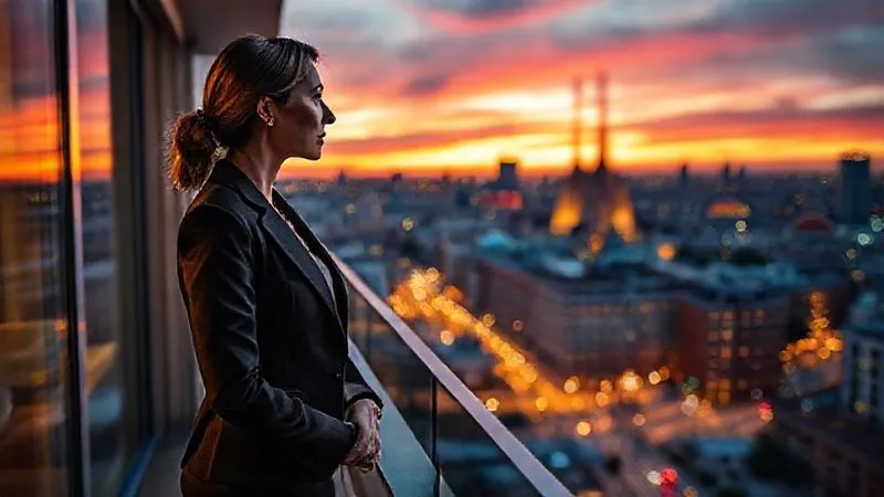 A photorealistic image of a professional woman in a sleek business suit standing thoughtfully on a hotel balcony, looking out at a vibrant, blurred cityscape with a famous landmark (e.g., Sagrada Familia or Sydney Opera House) visible in the distance, dramatic sunset lighting, sharp focus on her pensive expression, depth of field blurring the city, 8K hyper-detailed. A photorealistic image of a professional woman in a sleek business suit standing thoughtfully on a hotel balcony, looking out at a vibrant, blurred cityscape with a famous landmark (e.g., Sagrada Familia or Sydney Opera House) visible in the distance, dramatic sunset lighting, sharp focus on her pensive expression, depth of field blurring the city, 8K hyper-detailed.