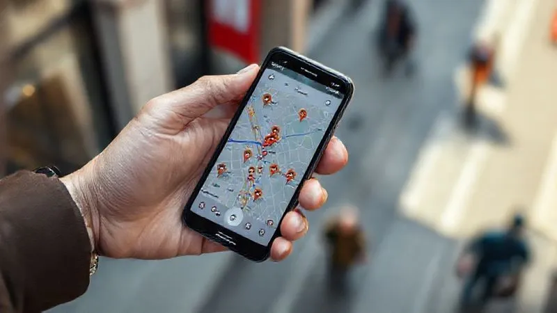 Photorealistic, professional photography, 8K, cinematic lighting, sharp focus, depth of field, shot on a high-end DSLR. An overhead shot of a business traveler's hand holding a smartphone, displaying a map application with multiple pins indicating business meeting locations and overlaid cultural points of interest, showing an optimized walking or public transport route connecting them. The background is a blurred, bustling city street. Photorealistic, professional photography, 8K, cinematic lighting, sharp focus, depth of field, shot on a high-end DSLR. An overhead shot of a business traveler's hand holding a smartphone, displaying a map application with multiple pins indicating business meeting locations and overlaid cultural points of interest, showing an optimized walking or public transport route connecting them. The background is a blurred, bustling city street.