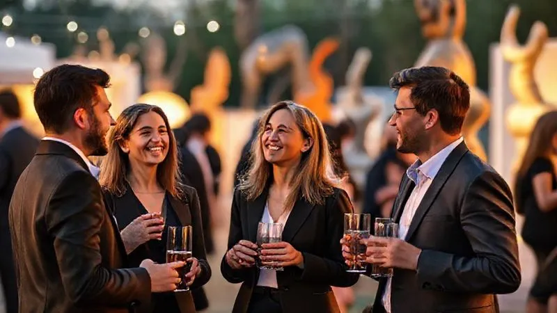Photorealistic, professional photography, 8K, cinematic lighting, sharp focus, depth of field, shot on a high-end DSLR. A diverse group of business professionals in smart casual attire, smiling and engaged in conversation over drinks at an outdoor evening art fair, with various sculptures and installations blurred in the background, warm ambient lighting. The focus is on their connection and shared enjoyment of the cultural setting. Photorealistic, professional photography, 8K, cinematic lighting, sharp focus, depth of field, shot on a high-end DSLR. A diverse group of business professionals in smart casual attire, smiling and engaged in conversation over drinks at an outdoor evening art fair, with various sculptures and installations blurred in the background, warm ambient lighting. The focus is on their connection and shared enjoyment of the cultural setting.