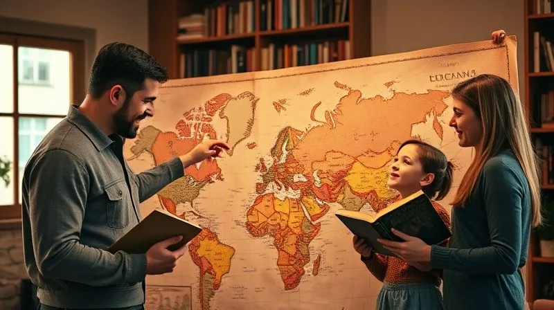 A family gathered around a large, antique world map, pointing to a destination with excited expressions. The children, aged 7 and 10, are holding travel books, while the parents look on with encouraging smiles. The scene is bathed in warm, cinematic lighting from a nearby window, creating a cozy and engaging atmosphere. Sharp focus on the family, depth of field subtly blurring the background bookshelf. 8K hyper-detailed, professional photography, shot on a high-end DSLR. A family gathered around a large, antique world map, pointing to a destination with excited expressions. The children, aged 7 and 10, are holding travel books, while the parents look on with encouraging smiles. The scene is bathed in warm, cinematic lighting from a nearby window, creating a cozy and engaging atmosphere. Sharp focus on the family, depth of field subtly blurring the background bookshelf. 8K hyper-detailed, professional photography, shot on a high-end DSLR.