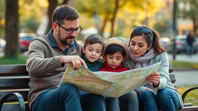 A diverse family (parents and two children, ages 6 and 9) are sitting on a park bench in a foreign city, looking at a physical map together. The father is pointing to a street with his finger, while the mother is engaged in conversation with the children. The children are actively participating, with curious expressions. The background shows blurred city life, with warm, natural sunlight. Photorealistic, professional photography, 8K, cinematic lighting, sharp focus, depth of field, shot on a high-end DSLR. A diverse family (parents and two children, ages 6 and 9) are sitting on a park bench in a foreign city, looking at a physical map together. The father is pointing to a street with his finger, while the mother is engaged in conversation with the children. The children are actively participating, with curious expressions. The background shows blurred city life, with warm, natural sunlight. Photorealistic, professional photography, 8K, cinematic lighting, sharp focus, depth of field, shot on a high-end DSLR.
