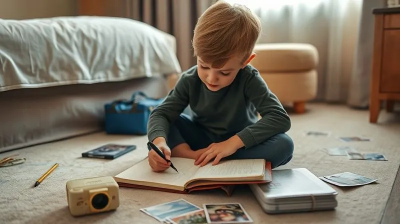 A child, around 10 years old, sitting on the floor of a hotel room, intently drawing in a travel journal. Around them are scattered souvenirs, maps, and photographs from their trip. The room is softly lit with natural light, creating a calm and reflective atmosphere. Sharp focus on the child and journal, depth of field blurring the background. Photorealistic, professional photography, 8K, cinematic lighting, shot on a high-end DSLR, conveying creativity and memory-making. A child, around 10 years old, sitting on the floor of a hotel room, intently drawing in a travel journal. Around them are scattered souvenirs, maps, and photographs from their trip. The room is softly lit with natural light, creating a calm and reflective atmosphere. Sharp focus on the child and journal, depth of field blurring the background. Photorealistic, professional photography, 8K, cinematic lighting, shot on a high-end DSLR, conveying creativity and memory-making.