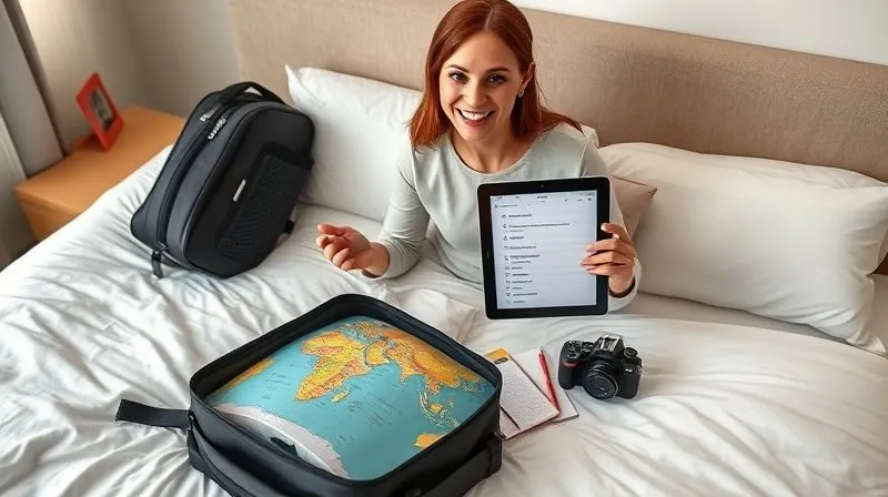 A professional photography image of a parent (mother) efficiently organizing a travel bag on a clean, modern bed. She is smiling slightly, holding a tablet displaying a checklist, with a small world map, a child's notebook, and a compact camera neatly arranged nearby. The scene is well-lit with soft, morning light, conveying organization and readiness. Sharp focus on the parent and items, depth of field blurring the background. 8K hyper-detailed, shot on a high-end DSLR, conveying smart travel preparation. A professional photography image of a parent (mother) efficiently organizing a travel bag on a clean, modern bed. She is smiling slightly, holding a tablet displaying a checklist, with a small world map, a child's notebook, and a compact camera neatly arranged nearby. The scene is well-lit with soft, morning light, conveying organization and readiness. Sharp focus on the parent and items, depth of field blurring the background. 8K hyper-detailed, shot on a high-end DSLR, conveying smart travel preparation.