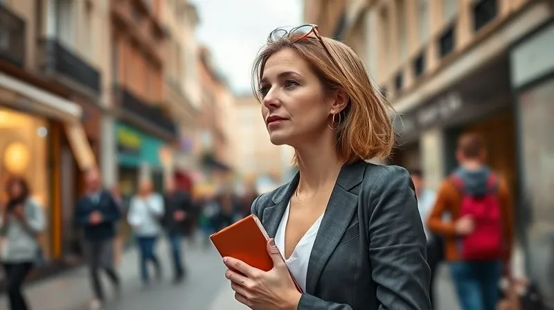 A professional woman, mid-30s, standing contemplatively on a bustling European city street, observing local life with a thoughtful expression. She holds a small, elegant travel notebook. The scene is vibrant yet she emanates calm. Photorealistic, professional photography, 8K, cinematic lighting, sharp focus on the woman, depth of field blurring the background, shot on a high-end DSLR. A professional woman, mid-30s, standing contemplatively on a bustling European city street, observing local life with a thoughtful expression. She holds a small, elegant travel notebook. The scene is vibrant yet she emanates calm. Photorealistic, professional photography, 8K, cinematic lighting, sharp focus on the woman, depth of field blurring the background, shot on a high-end DSLR.