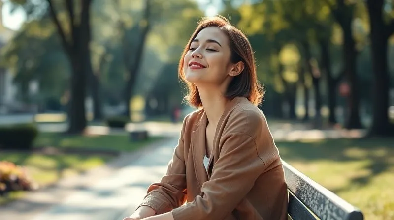 A professional, mid-shot, sitting on a bench in a quiet, beautiful city park, eyes closed, a gentle smile on her face, bathed in soft afternoon light. She appears deeply relaxed and present. Photorealistic, professional photography, 8K, cinematic lighting, sharp focus on the woman, depth of field blurring the park, shot on a high-end DSLR. A professional, mid-shot, sitting on a bench in a quiet, beautiful city park, eyes closed, a gentle smile on her face, bathed in soft afternoon light. She appears deeply relaxed and present. Photorealistic, professional photography, 8K, cinematic lighting, sharp focus on the woman, depth of field blurring the park, shot on a high-end DSLR.