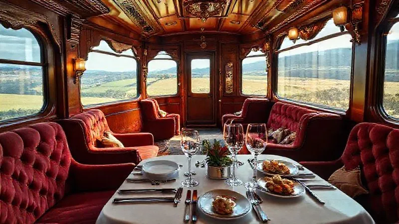 A photorealistic image of a lavishly appointed vintage train carriage interior, featuring plush velvet seating, polished mahogany paneling, intricate brass fixtures, and large panoramic windows revealing a scenic countryside. A silver service dining setting is impeccably arranged on a table, with gourmet food and sparkling crystal glasses. The lighting is warm and inviting, creating an atmosphere of timeless luxury and comfort. Sharp focus, depth of field, 8K, cinematic lighting, professional photography, shot on a high-end DSLR. A photorealistic image of a lavishly appointed vintage train carriage interior, featuring plush velvet seating, polished mahogany paneling, intricate brass fixtures, and large panoramic windows revealing a scenic countryside. A silver service dining setting is impeccably arranged on a table, with gourmet food and sparkling crystal glasses. The lighting is warm and inviting, creating an atmosphere of timeless luxury and comfort. Sharp focus, depth of field, 8K, cinematic lighting, professional photography, shot on a high-end DSLR.