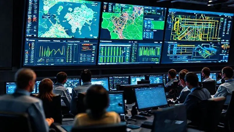 A photorealistic image of a sophisticated train control room or operations center. Multiple large screens display complex data visualizations: real-time train locations on a map, passenger manifests, supply chain logistics, and maintenance schedules. A diverse team of professionals is calmly and efficiently monitoring the data, with a focused yet collaborative atmosphere. Cinematic lighting, sharp focus on the screens and operators, depth of field blurring the background, 8K hyper-detailed, professional photography, shot on a high-end DSLR. A photorealistic image of a sophisticated train control room or operations center. Multiple large screens display complex data visualizations: real-time train locations on a map, passenger manifests, supply chain logistics, and maintenance schedules. A diverse team of professionals is calmly and efficiently monitoring the data, with a focused yet collaborative atmosphere. Cinematic lighting, sharp focus on the screens and operators, depth of field blurring the background, 8K hyper-detailed, professional photography, shot on a high-end DSLR.