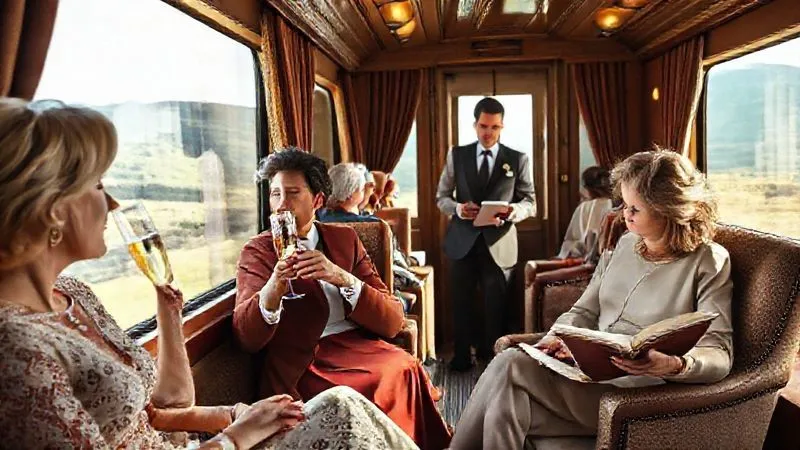 A photorealistic, professional photography image of a diverse group of affluent travelers enjoying a luxurious heritage train journey. One couple sips champagne while admiring a scenic view from a large window. Another person is engrossed in a book in a plush armchair. The scene is elegant and relaxed, with impeccable service from a discreet steward in the background. The focus is on the travelers' expressions of contentment and leisure, with cinematic lighting enhancing the opulent interior. 8K hyper-detailed, shot on a high-end DSLR. A photorealistic, professional photography image of a diverse group of affluent travelers enjoying a luxurious heritage train journey. One couple sips champagne while admiring a scenic view from a large window. Another person is engrossed in a book in a plush armchair. The scene is elegant and relaxed, with impeccable service from a discreet steward in the background. The focus is on the travelers' expressions of contentment and leisure, with cinematic lighting enhancing the opulent interior. 8K hyper-detailed, shot on a high-end DSLR.