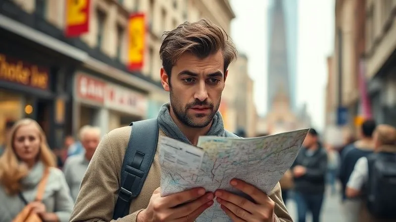 A photorealistic image of a traveler looking overwhelmed and stressed, clutching a crumpled map in a bustling, crowded city street, with blurred iconic landmarks in the background. The person's expression shows exhaustion, cinematic lighting, sharp focus on the traveler, depth of field, 8K hyper-detailed, shot on a high-end DSLR. A photorealistic image of a traveler looking overwhelmed and stressed, clutching a crumpled map in a bustling, crowded city street, with blurred iconic landmarks in the background. The person's expression shows exhaustion, cinematic lighting, sharp focus on the traveler, depth of field, 8K hyper-detailed, shot on a high-end DSLR.