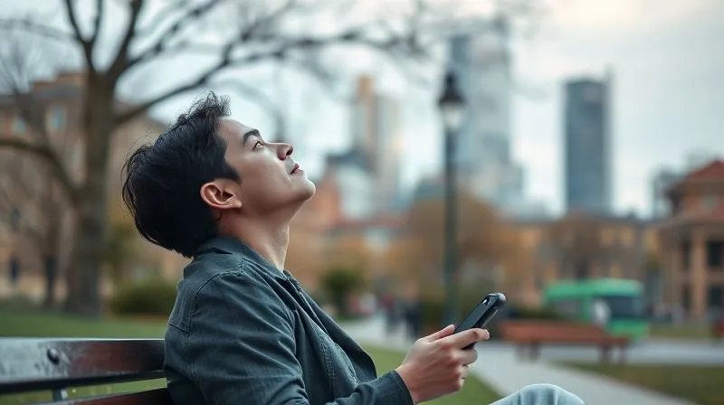 A photorealistic image of a person sitting on a bench in a beautiful city park, looking up at the sky with a serene expression, phone placed face down beside them. The background shows blurred city life, emphasizing a moment of calm and presence. Cinematic lighting, sharp focus on the person, depth of field, 8K hyper-detailed, shot on a high-end DSLR. A photorealistic image of a person sitting on a bench in a beautiful city park, looking up at the sky with a serene expression, phone placed face down beside them. The background shows blurred city life, emphasizing a moment of calm and presence. Cinematic lighting, sharp focus on the person, depth of field, 8K hyper-detailed, shot on a high-end DSLR.