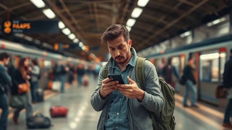A photorealistic, slightly chaotic image of a traveler looking lost and frustrated in a busy train station, checking a dead phone with a worried expression. Luggage is scattered. Cinematic lighting, sharp focus on the traveler, depth of field, 8K hyper-detailed, shot on a high-end DSLR. A photorealistic, slightly chaotic image of a traveler looking lost and frustrated in a busy train station, checking a dead phone with a worried expression. Luggage is scattered. Cinematic lighting, sharp focus on the traveler, depth of field, 8K hyper-detailed, shot on a high-end DSLR.