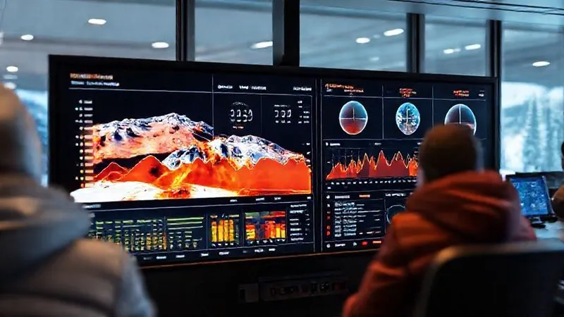 A professional, photorealistic dashboard displaying real-time ski lift wait times and skier flow on a large monitor at a ski resort operations center, with heatmaps indicating crowded areas, 8K, cinematic lighting, sharp focus on the data visualization, depth of field blurring the background, shot on a high-end DSLR.