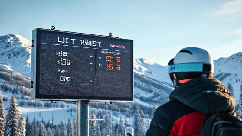 A photorealistic image of a skier looking at a large, clear digital sign at a ski resort displaying real-time lift wait times and open runs, with snow-capped mountains in the background, 8K, cinematic lighting, sharp focus on the sign and the skier, depth of field blurring the background, shot on a high-end DSLR.