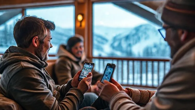 A photorealistic shot of a family reviewing ski resort information on a mobile app, showing real-time lift wait times and trail maps, while sitting in a cozy lodge with large windows overlooking snow-covered mountains, 8K, cinematic lighting, sharp focus on the phone screen and family, depth of field blurring the background, shot on a high-end DSLR.