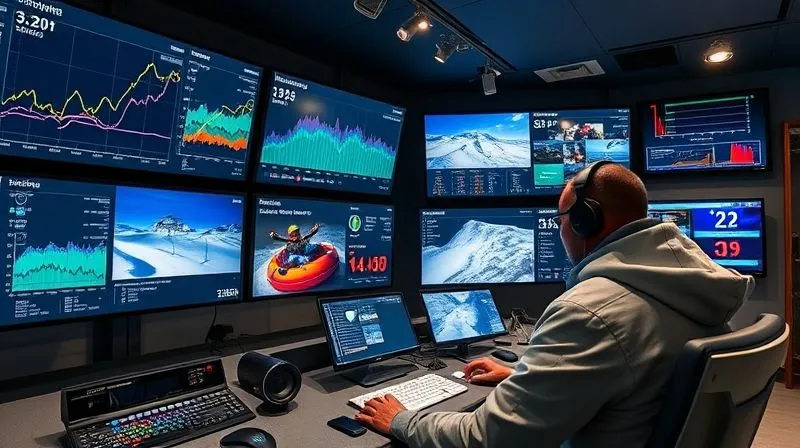 photorealistic, professional photography, 8K, cinematic lighting, sharp focus, depth of field, shot on a high-end DSLR, a modern control room at a snow tubing resort, with multiple screens displaying real-time data visualizations: line graphs of hourly throughput, heatmaps of guest density, and a digital dashboard showing lift status and staff allocation, with a focused operator analyzing the data, conveying advanced operational intelligence. photorealistic, professional photography, 8K, cinematic lighting, sharp focus, depth of field, shot on a high-end DSLR, a modern control room at a snow tubing resort, with multiple screens displaying real-time data visualizations: line graphs of hourly throughput, heatmaps of guest density, and a digital dashboard showing lift status and staff allocation, with a focused operator analyzing the data, conveying advanced operational intelligence.