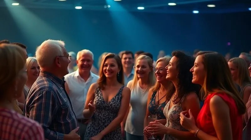A photorealistic image of a diverse group of cruise ship guests, ranging from families to couples, joyfully interacting with a performer on stage, with subtle overlay of data points and positive sentiment indicators, cinematic lighting, 8K hyper-detailed. A photorealistic image of a diverse group of cruise ship guests, ranging from families to couples, joyfully interacting with a performer on stage, with subtle overlay of data points and positive sentiment indicators, cinematic lighting, 8K hyper-detailed.