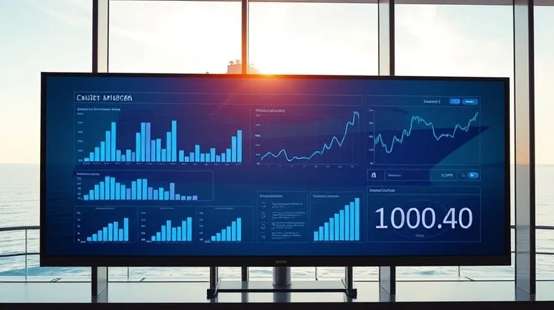 A photorealistic image of a sleek, modern data dashboard on a large screen, displaying various graphs and charts (e.g., bar charts for guest satisfaction, line graphs for revenue trends), with a subtle overlay of a cruise ship silhouette in the background, representing data-driven decision-making in the cruise industry, professional and clean aesthetic, 8K hyper-detailed. A photorealistic image of a sleek, modern data dashboard on a large screen, displaying various graphs and charts (e.g., bar charts for guest satisfaction, line graphs for revenue trends), with a subtle overlay of a cruise ship silhouette in the background, representing data-driven decision-making in the cruise industry, professional and clean aesthetic, 8K hyper-detailed.