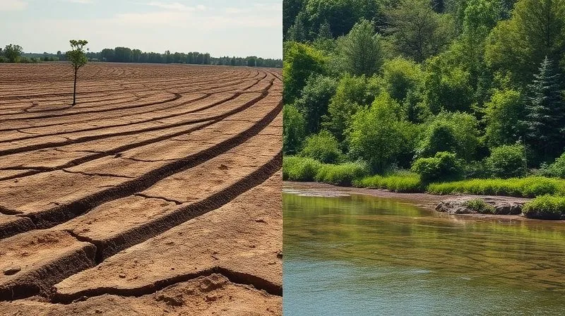 A stark contrast image, split down the middle. One side shows a barren, eroded landscape with a single, struggling sapling, representing unmeasured or ineffective conservation. The other side shows a thriving, reforested area with diverse plant life and clear water, representing successful, measured conservation. Photorealistic, professional photography, 8K, cinematic lighting, sharp focus on the environmental details, depth of field blurring the background, shot on a high-end DSLR. A stark contrast image, split down the middle. One side shows a barren, eroded landscape with a single, struggling sapling, representing unmeasured or ineffective conservation. The other side shows a thriving, reforested area with diverse plant life and clear water, representing successful, measured conservation. Photorealistic, professional photography, 8K, cinematic lighting, sharp focus on the environmental details, depth of field blurring the background, shot on a high-end DSLR.