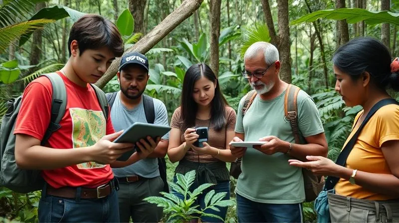 A diverse group of volunteers, young and old, in a tropical forest setting. One volunteer is holding a ruggedized tablet, carefully marking observations on a digital map. Another is using a camera with GPS capabilities to photograph a plant. A third is leading a small group of local community members, demonstrating how to use a basic soil testing kit. The scene emphasizes collaboration and accessible technology. Photorealistic, professional photography, 8K, cinematic lighting, sharp focus on the devices and interactions, depth of field blurring the background, shot on a high-end DSLR. A diverse group of volunteers, young and old, in a tropical forest setting. One volunteer is holding a ruggedized tablet, carefully marking observations on a digital map. Another is using a camera with GPS capabilities to photograph a plant. A third is leading a small group of local community members, demonstrating how to use a basic soil testing kit. The scene emphasizes collaboration and accessible technology. Photorealistic, professional photography, 8K, cinematic lighting, sharp focus on the devices and interactions, depth of field blurring the background, shot on a high-end DSLR.