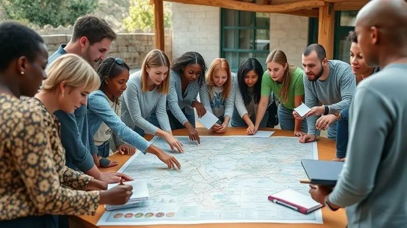 A diverse team of volunteers and local community members, of various ages and backgrounds, are gathered around a large map spread on a table outdoors. They are pointing, discussing, and collaborating, some with notebooks, others with tablets. The setting is a vibrant community center or outdoor learning space, conveying a sense of shared purpose and problem-solving despite challenges. Photorealistic, professional photography, 8K, cinematic lighting, sharp focus on the interactions and map, depth of field blurring the background, shot on a high-end DSLR. A diverse team of volunteers and local community members, of various ages and backgrounds, are gathered around a large map spread on a table outdoors. They are pointing, discussing, and collaborating, some with notebooks, others with tablets. The setting is a vibrant community center or outdoor learning space, conveying a sense of shared purpose and problem-solving despite challenges. Photorealistic, professional photography, 8K, cinematic lighting, sharp focus on the interactions and map, depth of field blurring the background, shot on a high-end DSLR.