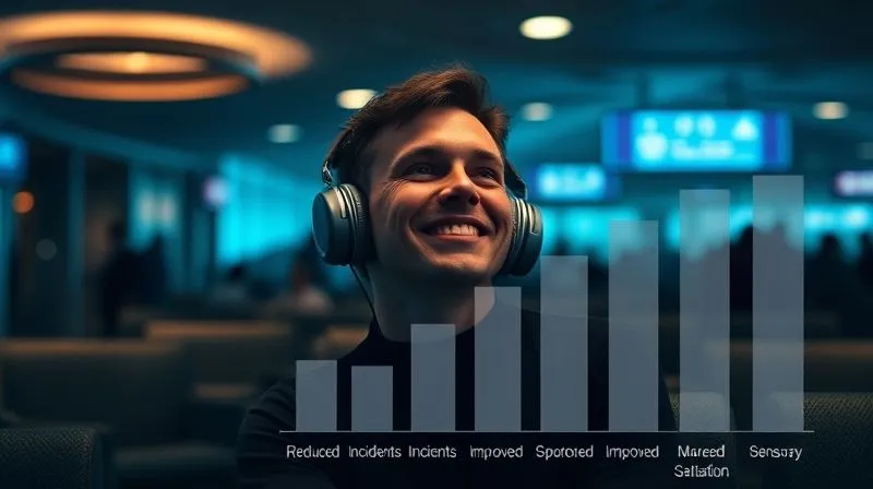 photorealistic, professional photography, 8K, cinematic lighting, sharp focus, depth of field, shot on a high-end DSLR, a person wearing noise-canceling headphones looking relaxed and happy in a dimly lit, calm corner of a bustling airport lounge, with soft lighting and comfortable seating. In the foreground, a subtle, transparent overlay of a bar chart showing 'Reduced Incidents' and 'Improved Satisfaction' metrics, illustrating the direct impact of sensory considerations. photorealistic, professional photography, 8K, cinematic lighting, sharp focus, depth of field, shot on a high-end DSLR, a person wearing noise-canceling headphones looking relaxed and happy in a dimly lit, calm corner of a bustling airport lounge, with soft lighting and comfortable seating. In the foreground, a subtle, transparent overlay of a bar chart showing 'Reduced Incidents' and 'Improved Satisfaction' metrics, illustrating the direct impact of sensory considerations.