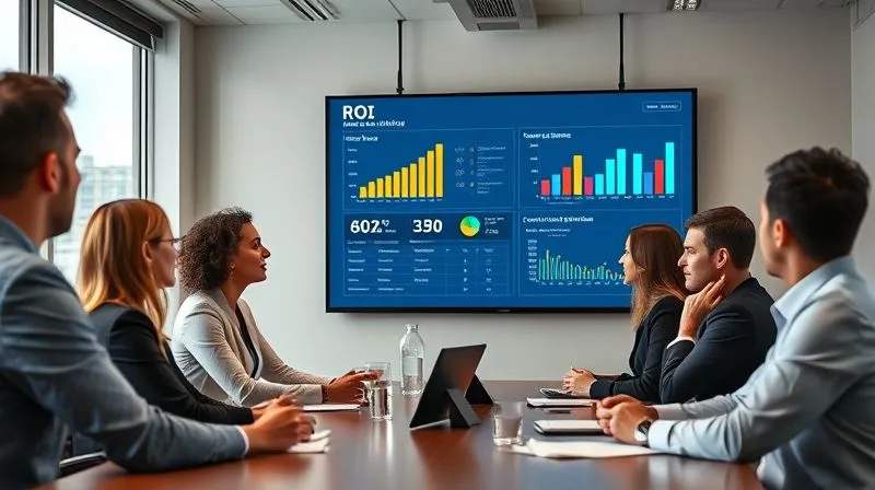 photorealistic, professional photography, 8K, cinematic lighting, sharp focus, depth of field, shot on a high-end DSLR, a diverse business team in a modern, sunlit conference room, presenting a professional report on a large screen displaying compelling data visualizations, charts, and graphs related to ROI and customer satisfaction. The atmosphere is collaborative and positive, signifying successful communication of results. photorealistic, professional photography, 8K, cinematic lighting, sharp focus, depth of field, shot on a high-end DSLR, a diverse business team in a modern, sunlit conference room, presenting a professional report on a large screen displaying compelling data visualizations, charts, and graphs related to ROI and customer satisfaction. The atmosphere is collaborative and positive, signifying successful communication of results.