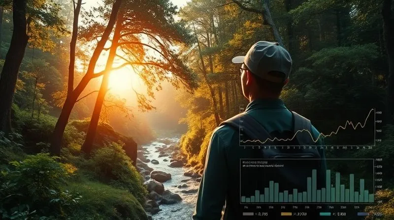 A photorealistic image depicting a traveler looking at a lush, untouched natural landscape, with a subtle, transparent overlay of a digital dashboard showing environmental metrics and data visualizations, conveying the concept of measuring impact in nature, professional photography, 8K, cinematic lighting, sharp focus, depth of field, shot on a high-end DSLR. A photorealistic image depicting a traveler looking at a lush, untouched natural landscape, with a subtle, transparent overlay of a digital dashboard showing environmental metrics and data visualizations, conveying the concept of measuring impact in nature, professional photography, 8K, cinematic lighting, sharp focus, depth of field, shot on a high-end DSLR.
