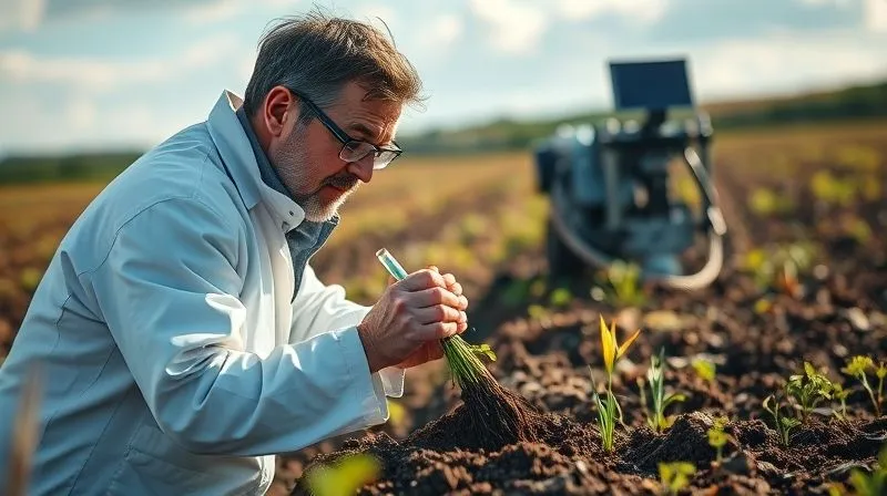 A photorealistic image of a scientist in a field taking soil samples, with sophisticated equipment visible in the background, cinematic lighting, sharp focus on the scientist and the equipment, depth of field blurring the surrounding landscape, 8K hyper-detailed. A photorealistic image of a scientist in a field taking soil samples, with sophisticated equipment visible in the background, cinematic lighting, sharp focus on the scientist and the equipment, depth of field blurring the surrounding landscape, 8K hyper-detailed.