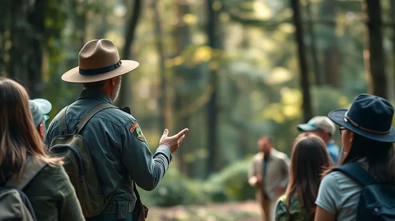 A photorealistic image of a park ranger giving a presentation to a group of tourists about local flora and fauna, cinematic lighting, sharp focus on the ranger and the audience, depth of field blurring the surrounding forest, 8K hyper-detailed. A photorealistic image of a park ranger giving a presentation to a group of tourists about local flora and fauna, cinematic lighting, sharp focus on the ranger and the audience, depth of field blurring the surrounding forest, 8K hyper-detailed.