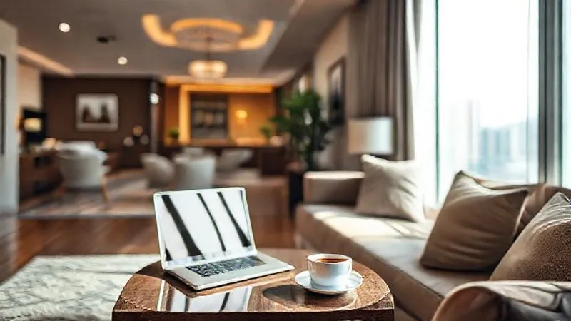 A photorealistic, professional photography, 8K, cinematic lighting, sharp focus, depth of field, shot on a high-end DSLR, depicting a cozy, well-lit modern apartment living room with a laptop on a coffee table, a cup of coffee, and a window view of a city, contrasting with a blurred background of a traditional hotel lobby, symbolizing alternative accommodation choices. A photorealistic, professional photography, 8K, cinematic lighting, sharp focus, depth of field, shot on a high-end DSLR, depicting a cozy, well-lit modern apartment living room with a laptop on a coffee table, a cup of coffee, and a window view of a city, contrasting with a blurred background of a traditional hotel lobby, symbolizing alternative accommodation choices.