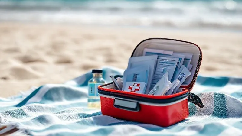 A photorealistic image of a travel-sized first aid kit open on a beach towel, with antiseptic wipes, tweezers, and a small bottle of vinegar visible, suggesting readiness for minor marine injuries. Professional photography, 8K, cinematic lighting, sharp focus on the kit, depth of field blurring the beach background, shot on a high-end DSLR. A photorealistic image of a travel-sized first aid kit open on a beach towel, with antiseptic wipes, tweezers, and a small bottle of vinegar visible, suggesting readiness for minor marine injuries. Professional photography, 8K, cinematic lighting, sharp focus on the kit, depth of field blurring the beach background, shot on a high-end DSLR.