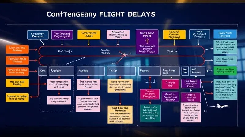 A detailed, color-coded flowchart illustrating a contingency plan for flight delays, showing alternative routes, communication steps, and decision points for a business traveler. Photorealistic, professional photography, 8K, cinematic lighting, sharp focus, depth of field, shot on a high-end DSLR.