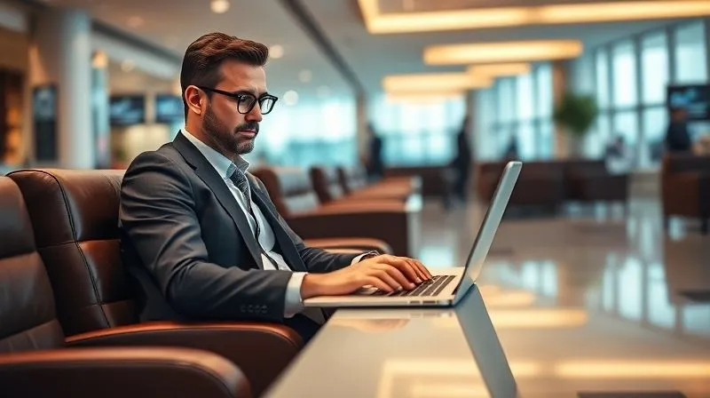 A calm business traveler working on a laptop in a luxurious airport lounge, looking relaxed and productive despite a delayed flight notification subtly visible on their phone. Professional photography, 8K, cinematic lighting, sharp focus on the traveler and laptop, depth of field blurring the background, shot on a high-end DSLR.