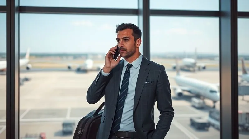 A business traveler, dressed professionally, making a call on their phone with a determined yet calm expression, standing in front of an airport window overlooking a tarmac with distant airplanes. Professional photography, 8K, cinematic lighting, sharp focus on the traveler, depth of field blurring the background, shot on a high-end DSLR.