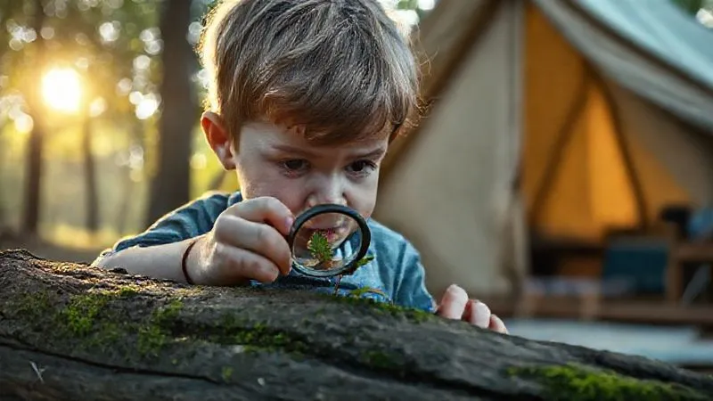 A photorealistic, professional photography, 8K, cinematic lighting shot of a young child (around 7 years old) with a small magnifying glass, safely observing an interesting leaf or insect on a mossy log near a luxurious glamping tent. The child is focused and curious, with soft, diffused sunlight filtering through the trees. Sharp focus on the child and the natural elements, with depth of field blurring the background tent.