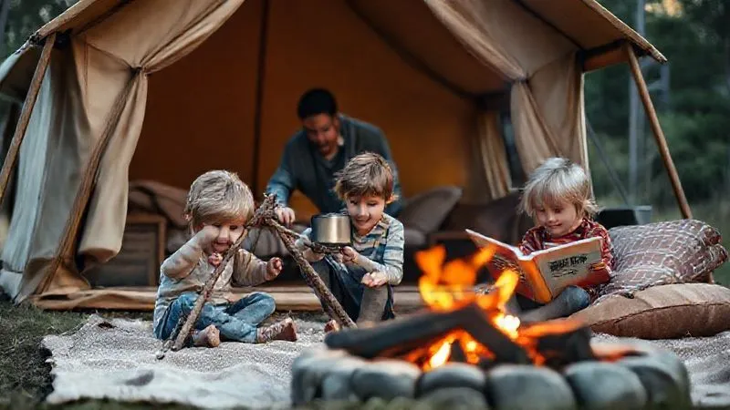 A photorealistic, professional photography, 8K, cinematic lighting shot from a slightly elevated angle, showing a parent gently observing two children playing near a luxurious glamping tent. One child is building a small fort with sticks, the other is reading a book on a comfortable outdoor cushion. The parent is subtly in the background, perhaps stirring a pot over a small, controlled fire pit, with a warm, watchful expression. Sharp focus on the children and parent, with depth of field blurring the surrounding natural landscape.