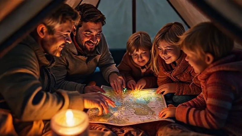 A photorealistic, professional photography, 8K, cinematic lighting shot of a family (two adults, two children) gathered around a small, illuminated map inside their glamping tent. They are pointing to different locations on the map, perhaps discussing routes or safety points. The scene is warm and engaging, conveying preparedness and togetherness. Sharp focus on the map and faces, with depth of field blurring the tent interior slightly.