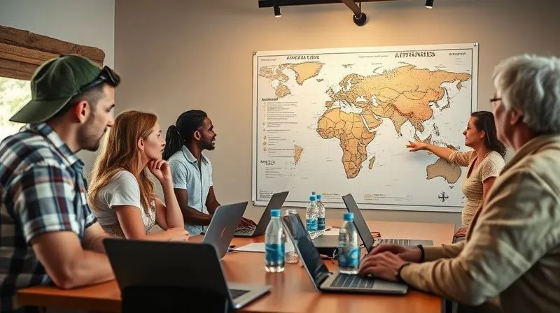 photorealistic, professional photography, 8K, cinematic lighting, sharp focus, depth of field, shot on a high-end DSLR, a small group of diverse travelers attentively listening to a seasoned safari guide, who is pointing at a large map of a remote African wilderness, in a well-lit briefing room, laptops and water bottles on a table, conveying serious preparation and engagement.