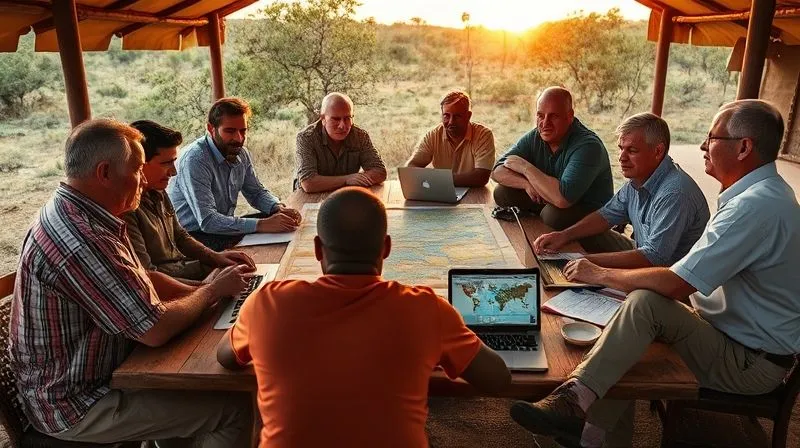 photorealistic, professional photography, 8K, cinematic lighting, sharp focus, depth of field, shot on a high-end DSLR, a diverse team of safari guides and expedition leaders gathered around a large rustic table in a safari camp, actively engaged in a post-expedition debrief, maps spread out, laptops open, serious but constructive expressions, suggesting a culture of learning and improvement, warm evening light.