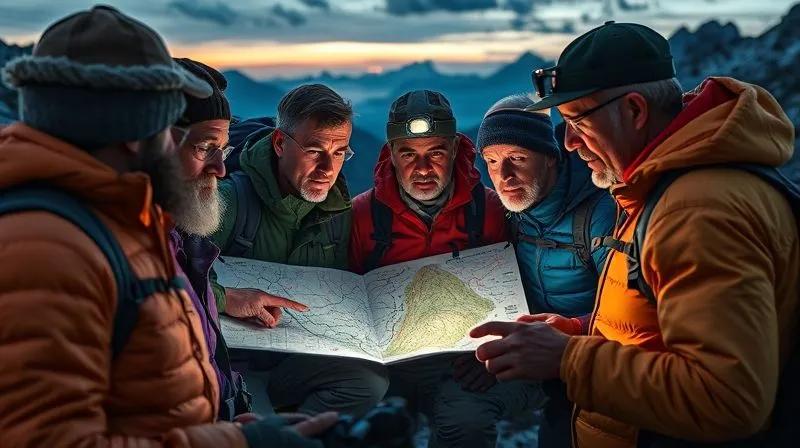 A photorealistic image of a diverse group of experienced wilderness guides huddle around a detailed topographic map, illuminated by the warm glow of a headlamp at dusk. They are pointing to potential routes and discussing strategies, with backpacks and climbing gear visible in the background. Cinematic lighting, sharp focus on their faces and the map, depth of field blurring the surrounding rugged terrain, 8K hyper-detailed, professional photography, shot on a high-end DSLR.