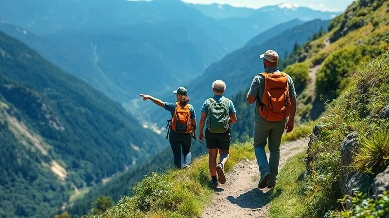 A photorealistic image of a small group of eco-tourists, led by an experienced guide, carefully traversing a narrow, pristine mountain trail. They are wearing appropriate outdoor gear, and the guide is pointing out a distant geological feature. The focus is on their respectful interaction with the untouched natural environment, with lush vegetation and towering peaks in the background. Cinematic lighting, sharp focus on the group, depth of field blurring the expansive landscape, 8K hyper-detailed, professional photography, shot on a high-end DSLR.