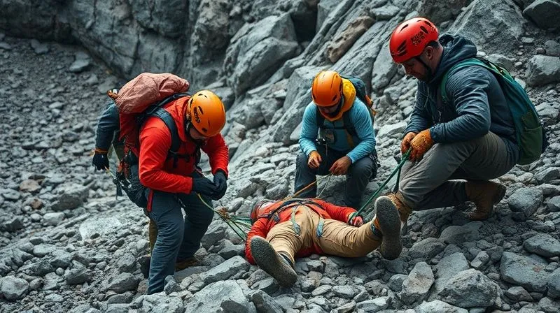 A photorealistic image of a group of wilderness guides undergoing an intense, realistic training scenario for a simulated rescue in a rugged, rocky terrain. One guide is attending to a 'casualty' while others are setting up a rope system. The scene is dynamic and focused on their teamwork and professionalism. Cinematic lighting, sharp focus on the action, depth of field blurring the challenging environment, 8K hyper-detailed, professional photography, shot on a high-end DSLR.