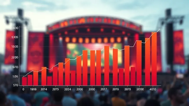 A photorealistic 3D bar chart showing fluctuating ticket prices over time, with clear peaks during high demand and troughs during low demand. The chart should be set against a blurred background of a festival stage, with data points clearly visible, cinematic lighting, sharp focus, depth of field, shot on a high-end DSLR, 8K hyper-detailed, professional photography. A photorealistic 3D bar chart showing fluctuating ticket prices over time, with clear peaks during high demand and troughs during low demand. The chart should be set against a blurred background of a festival stage, with data points clearly visible, cinematic lighting, sharp focus, depth of field, shot on a high-end DSLR, 8K hyper-detailed, professional photography.